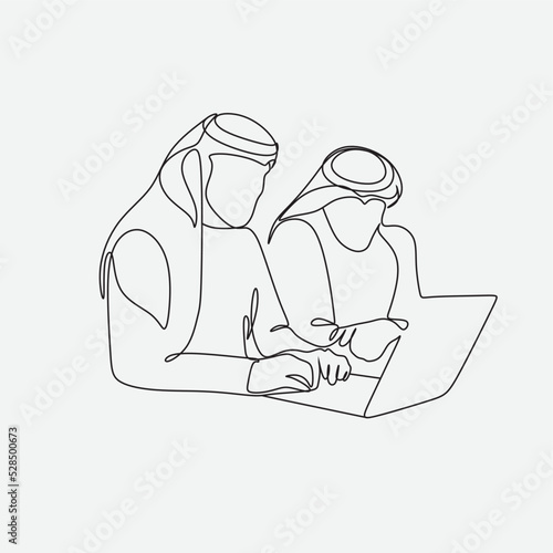 One continuous line drawing of young muslim business people line up . Islamic clothing shemag, kandura, scarf, hijab. Arab businessman working with laptop. Single line draw design vector illustration