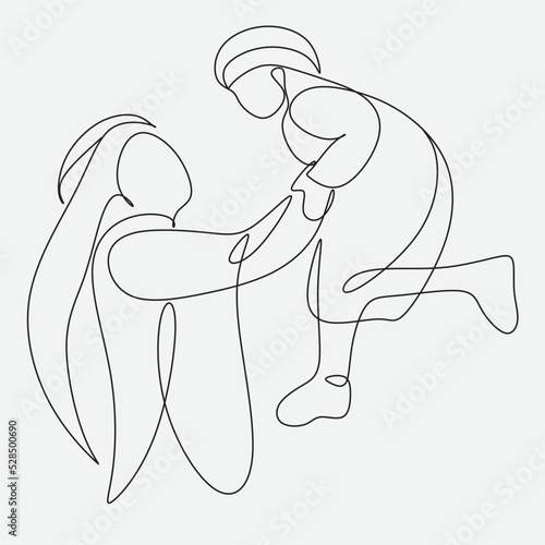 Continuous one line drawing of young Arabian family. Happy Islamic muslim parenting family concept. Single line graphic draw design vector illustration
