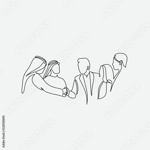 One continuous line drawing of young muslim business people line up . Islamic clothing shemag, kandura, scarf, hijab. Arab businessman working with laptop. Single line draw design vector illustration