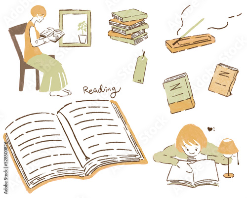 読書をする人や栞のセットイラスト　本　積読