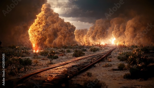 Fotografie, Obraz Landscape with an explosion on the railroad. Desert night.