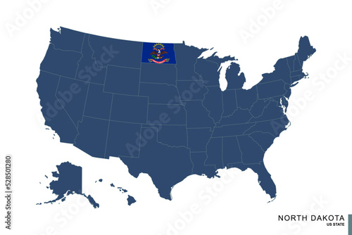 State of North Dakota on blue map of United States of America. Flag and map of North Dakota.