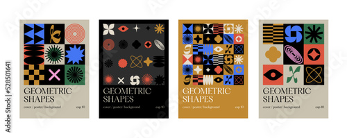 Vector set posters or prints with geometric shapes. Brutalist design.