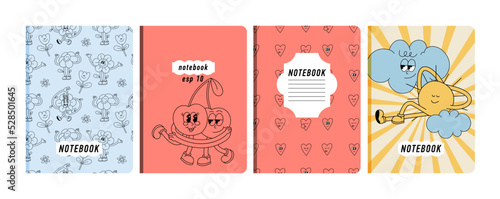 Vector illustartion templates cover pages for notebooks, planners, brochures, books, catalogs. Background ìn retro groovy style