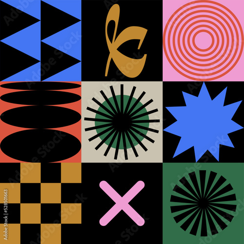 Vector seamless patterns with different geometric shapes and elements. Brutalist design icons and signs. Basic forms.