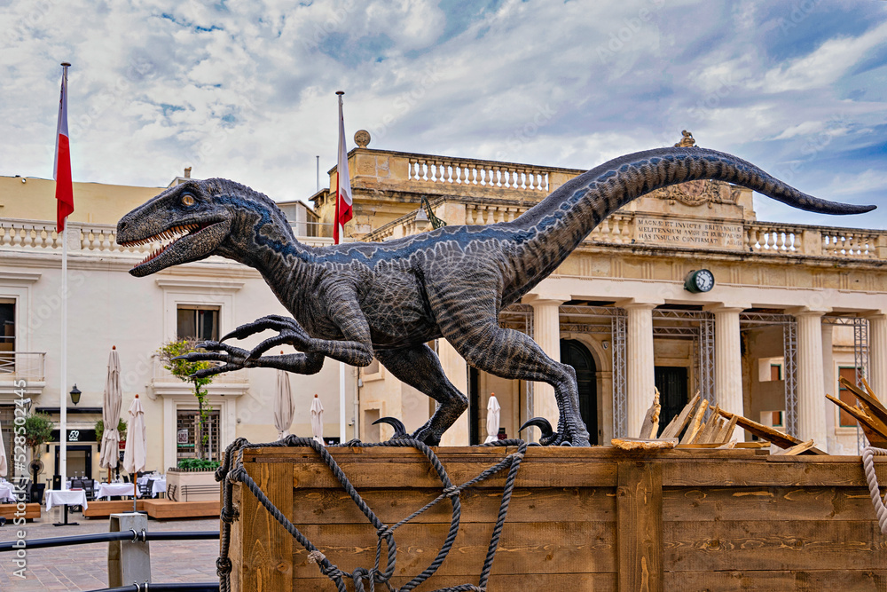 Statue of Blue velociraptor which stars in Jurassic World in Valletta