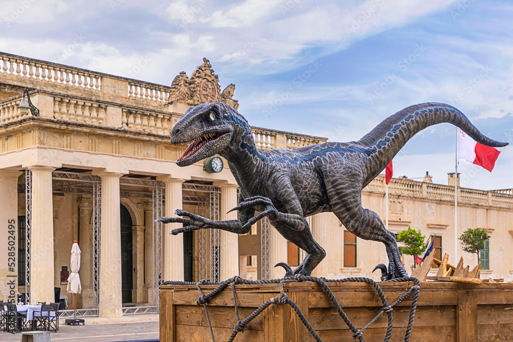 Statue Of Blue Velociraptor Which Stars In Jurassic World In Valletta Velociraptor Who Starred 