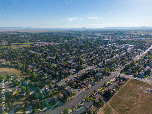 Neighborhood aerial drone picture of cityscape and town with houses and homes from air from aerial drone photo