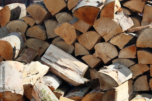 Pryzma drewna opałowego leży przygotowana na zimę. 