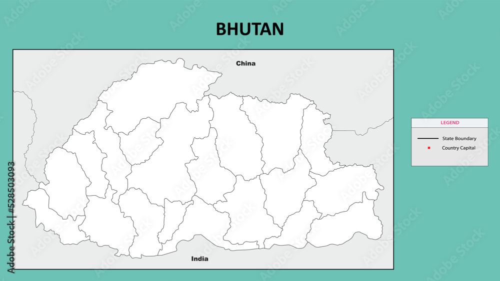 Bhutan Map. State and district map of Bhutan. Political map of Bhutan with outline and black and white design.