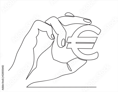 Continuous one line drawing of hand picking euro sign. Thin line image of woman hand holding money concept. Vector illustration for banner, template, poster, infographics, business web, app.