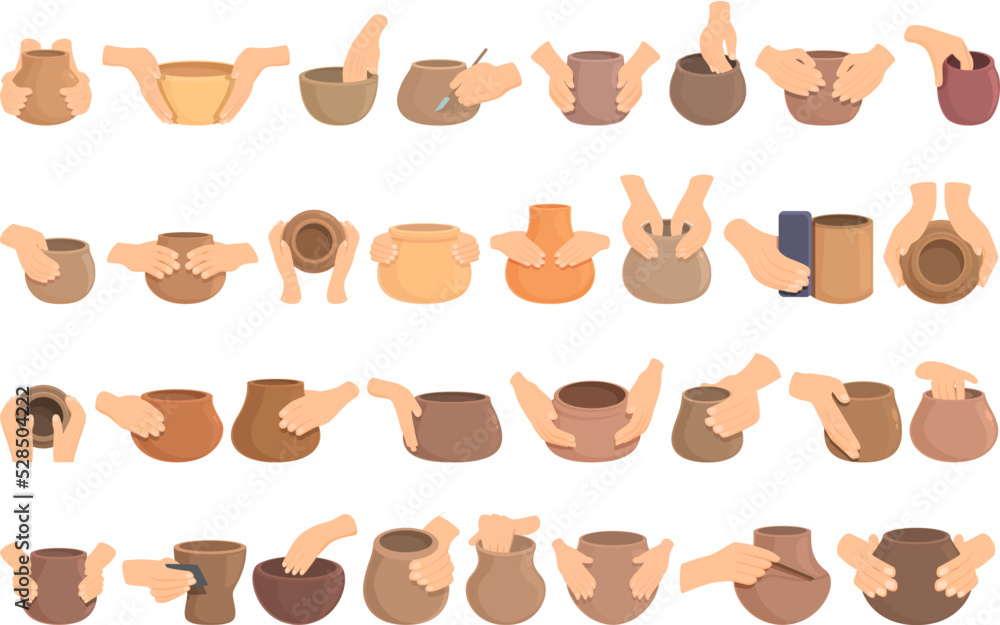 Pottery class icons set cartoon vector. Artist craft. People pot Pottery class icons set cartoon vector. Artist craft. People pot
