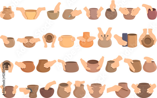 Pottery class icons set cartoon vector. Artist craft. People pot