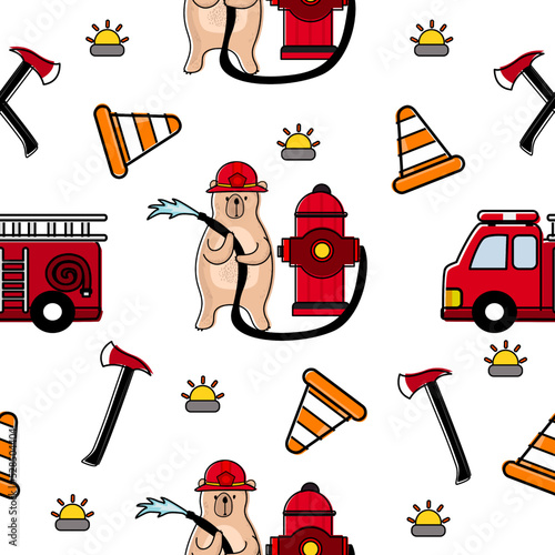 Bear firefighter Pattern.Cartoon pattern.Fire collection.