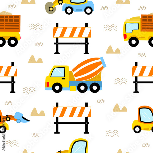Pattern Vector Toy Cars.Pattern for kids.Pattern cartoon of construction vehicles.Construction equipment pattern