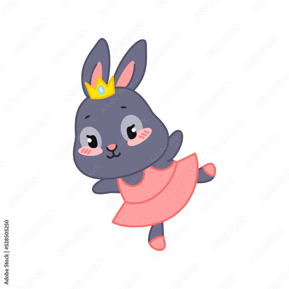 Cute ballet dancing bunny. Flat cartoon illustration of a little rabbit ballerina wearing a pink dress and a crown isolated on a white background. Vector 10 EPS. Cute ballet dancing bunny. Flat cartoon illustration of a little rabbit ballerina wearing a pink dress and a crown isolated on a white background. Vector 10 EPS.