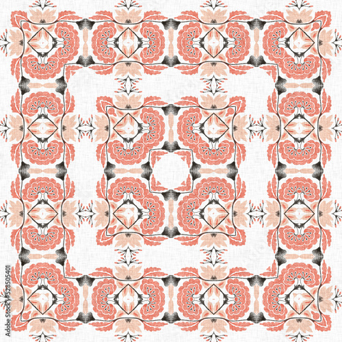 Modern boho geometric floral quilt style seamless pattern. Shabby chic scandi repeat background with linen effect. 