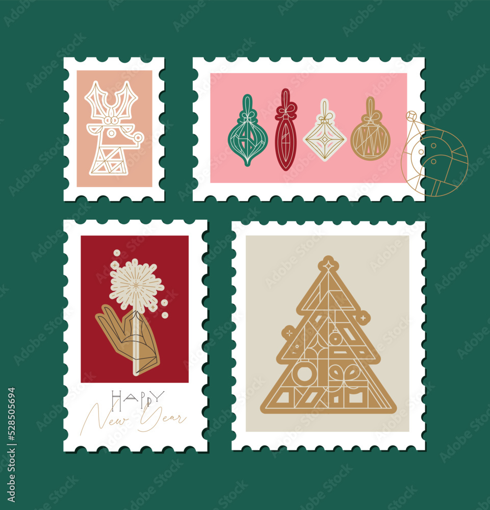 Christmas art deco postage stamp collection drawing in modern line style