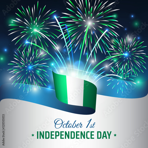 October 1, nigeria independence day, vector template with nigerian flag and colorful fireworks on blue night sky background. Nigeria national holiday october 1st. Independence day greeting card