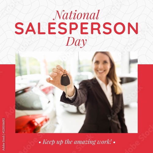 Composite of national salesperson day text and caucasian saleswoman holding car key in store