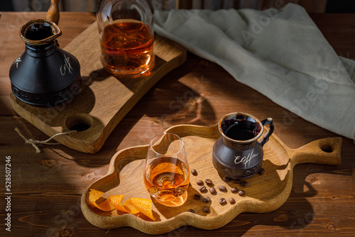 Carajillo, traditional Spanish coffee with brandy, whiskey, cognac or rum photo