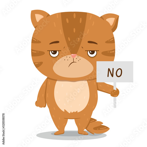 A grumpy ginger cat has come out to protest and is holding a sign that says no! Vector illustration in a flattened style.
