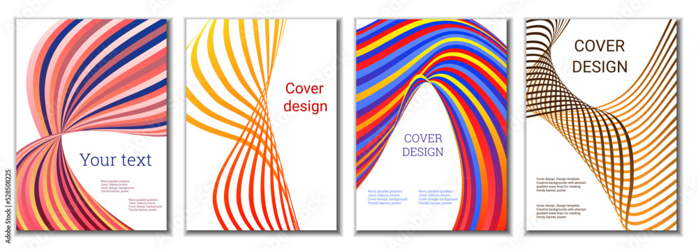 Obraz premium A set of 4 abstract covers. Wavy parallel gradient lines, ribbons evolve. Cover design, background. Trendy banner, poster.