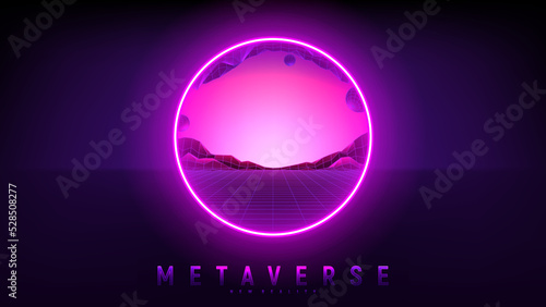 Vector illustration of fantastic portal in metaverse. Round teleport or magic portal leading in virtual digital reality. Simulation of network futuristic world. 3d vector illustration with metaverse.
