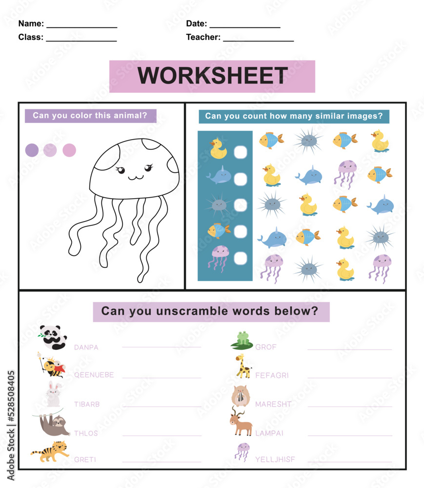 Children worksheet with animal theme. Educational activity sheet for preschool kids. Coloring, counting and write animal names. Vector illustration.