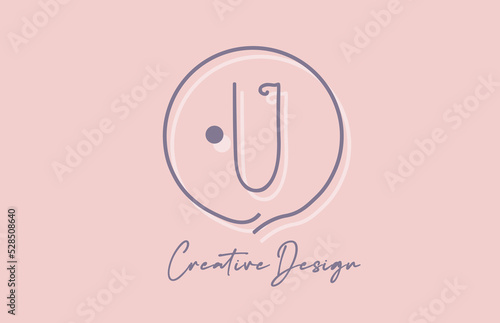 U alphabet letter logo icon design with line dot and vintage style. Pink blue creative template for business and company