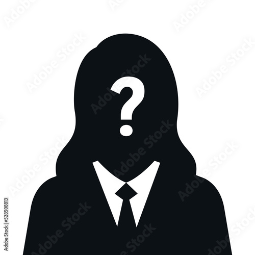Businesswoman avatar with question mark sign isolated on white background. Woman avatar silhouette. Suspect concept. Mysterious strange woman.  Anonymous character. Vector stock