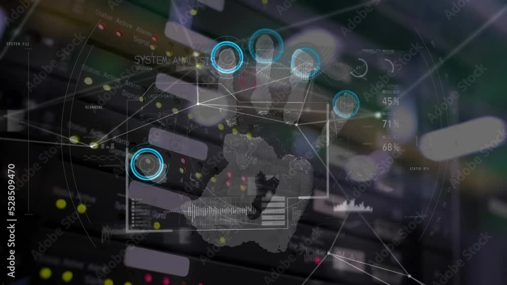 Animation of network of connections and data processing over dark background Animation of network of connections and data processing over dark background