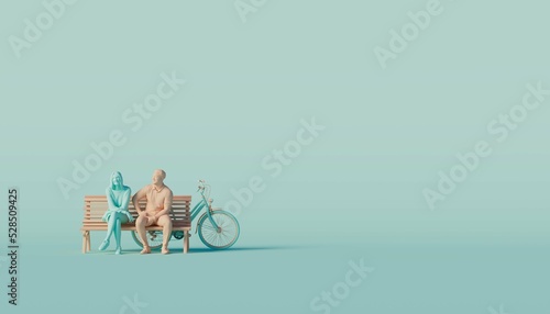 3d concept on a love theme. A couple is sitting on a bench. 3d render
