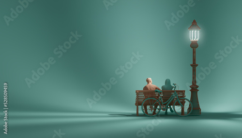 3d concept on a love theme. A couple is sitting on a bench. 3d render