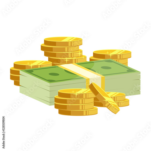 banknote stack and pile of gold coins vector illustration Flat style clipart