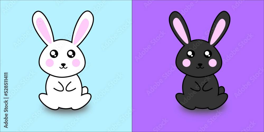 Fototapeta premium A cute black rabbit on a lilac background and a cute white rabbit on a blue background
