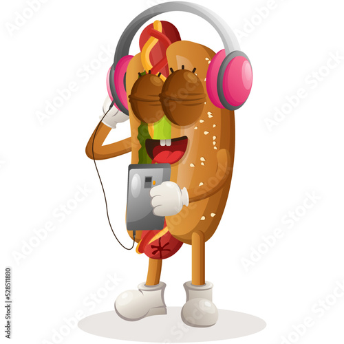 Cute hotdog mascot listening music on a smartphone using a headphone. Perfect for food store, small business or e-Commerce, merchandise and sticker, banner promotion, food review blog or vlog channel