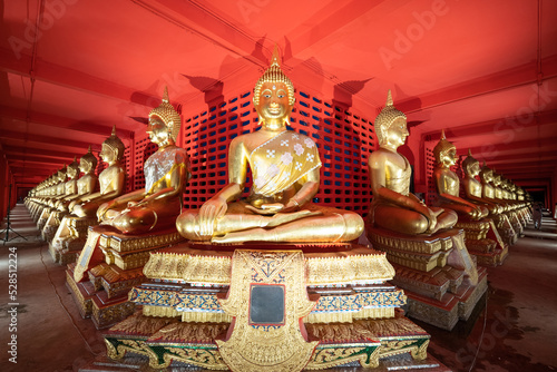 Several golden statues of Buddha statues in meditation posture are lined up in a corridor and spotlight on every statues in front of the red wall.