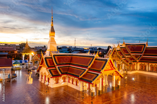 High angle view of Phra That Choeng Chum at Sakon Nakhon Province in sunset time that sky is orange  at 17 Sep 2021 © Surachetsh