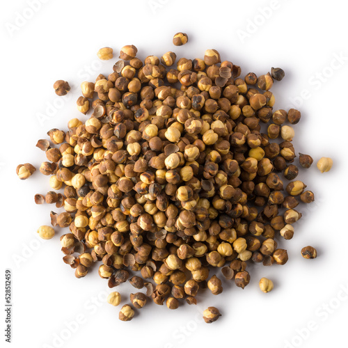 pile of roasted and salted black chickpeas, also known as bengal gram or desi chickpea, traditional and native oil free snack of india isolated on white background, taken from above photo