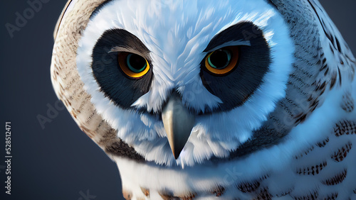 Snowy owl. Color, graphic portrait of an owl on a dark background. Digital illustration photo