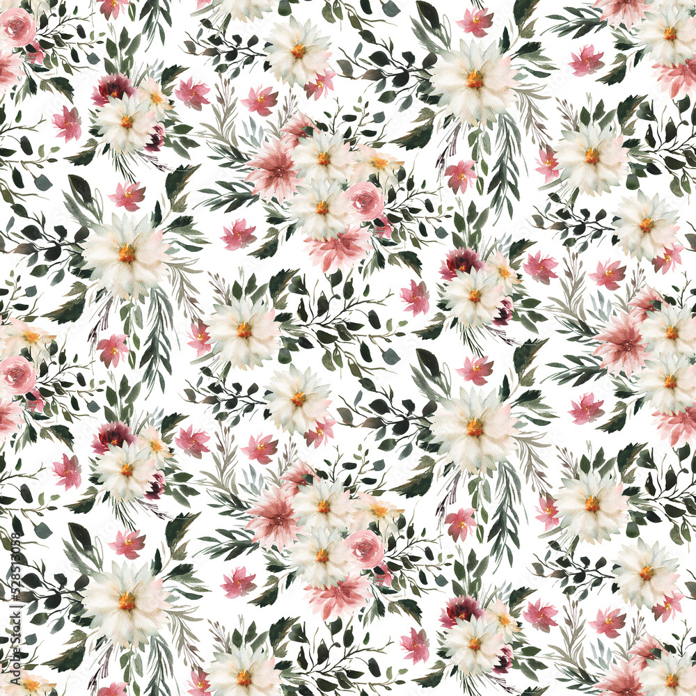 Seamless Flowers Pattern Daisies Roses Wildflowers Greenery Bright Pattern for Textile Bordeaux Peonies Autumn Pattern