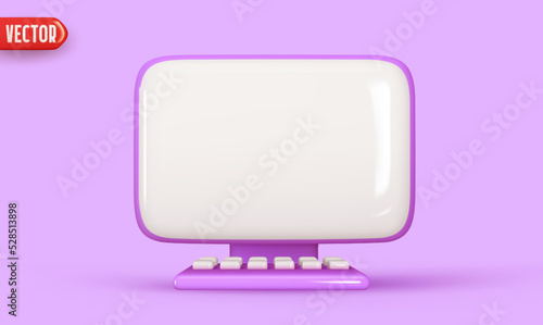 Modern computer monitor with keyboard. Desktop computer screen template. Realistic 3d cartoon style design. Isolated on lilac background. vector illustration