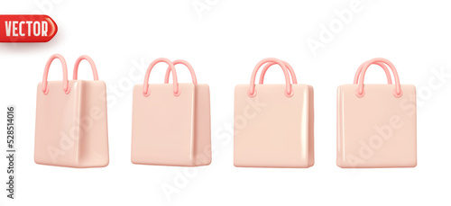 Set of shopping bags. Collection of paper pink shopping bags. Realistic 3d cartoon style design. vector illustration