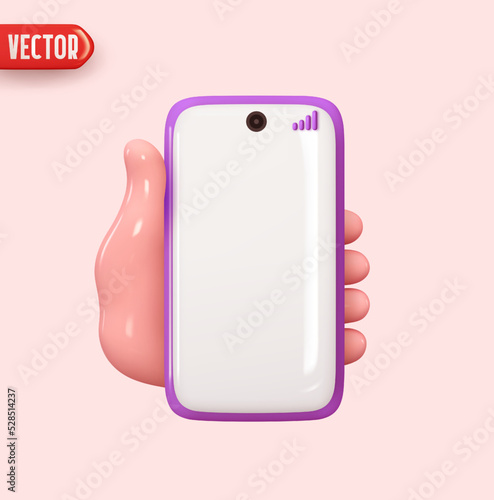 Hand holding mobile phone. Modern Smartphone in hand Blank screen template. Realistic 3d design in cartoon style. Pink background. vector illustration