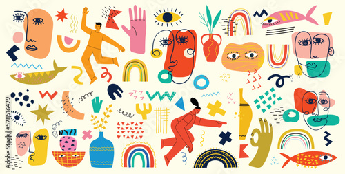 Big Set of Different colored Vector illustartions for posters in Cartoon Flat design. Hand drawn Abstract shapes, faces, different texture funny Comic characters.