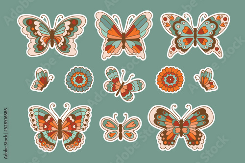 70s Butterflies and flowers stickers collection in vintage style. Set of isolated insects vector illustration.
