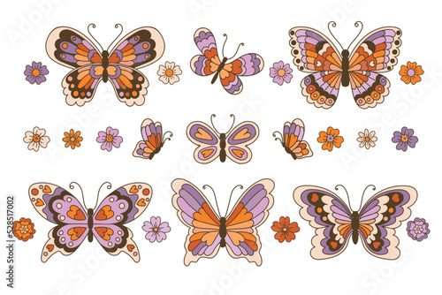 Retro 60s 70s Hippie Summer Groovy Butterfly set element hand drawn vector illustration.