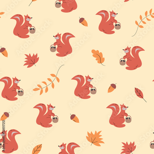 Cute cartoon little bright squirrel pattern. Vector squirrel pattern with mushrooms, leaves and acorns. Hello autumn vector illustration. Children bright background.