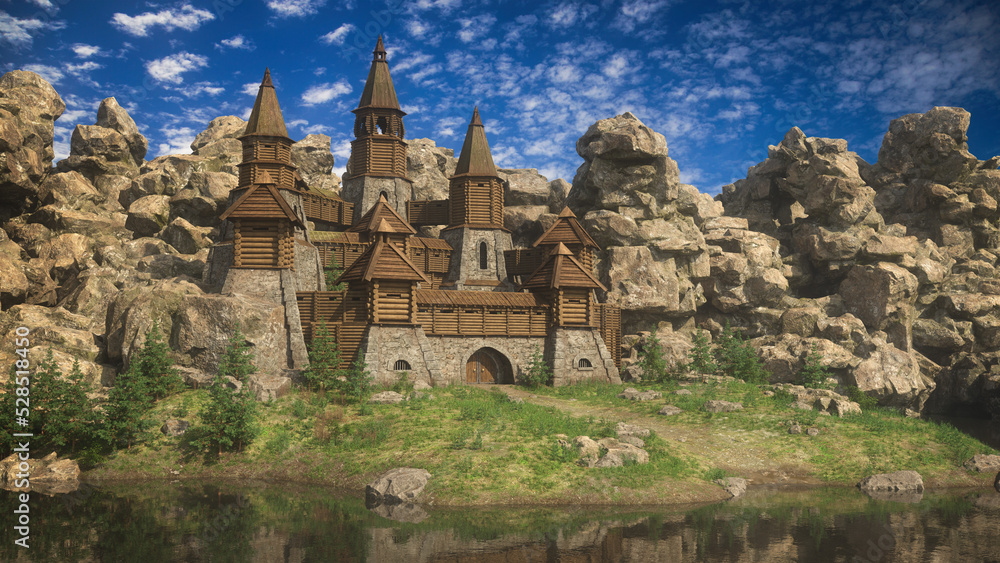 Medieval fantasy fortress on the edge of a lake surrounded by rocky landscape. 3D rendering.